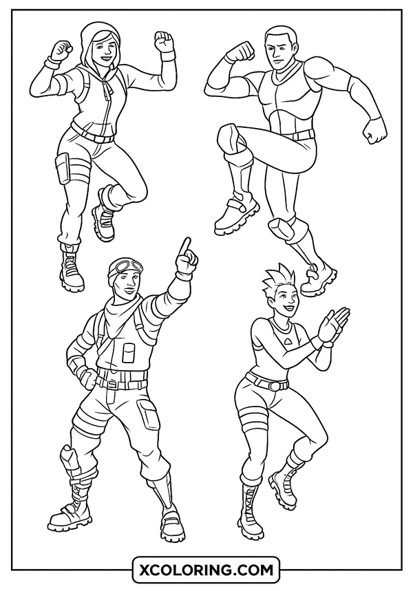 Four different Fortnite characters showing off various dance moves and poses.