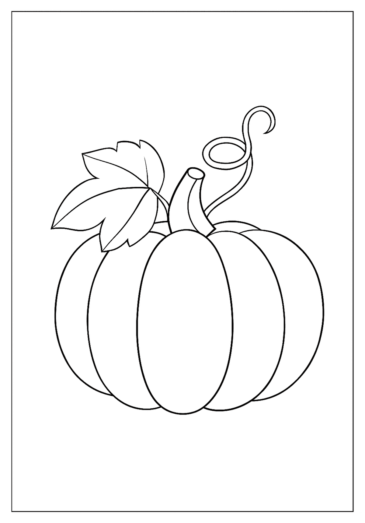 Simple drawing of a whole pumpkin with two leaves and a curly vine. Free pumpkin coloring page.