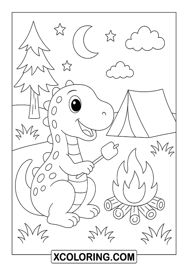 Friendly Dino At Campfire coloring sheet