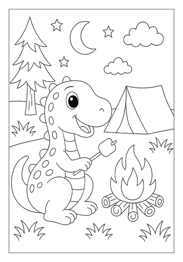 Happy Baby Dinosaur Roasting Marshmallows By A Campfire At Night, A Cozy Camping Coloring Page.