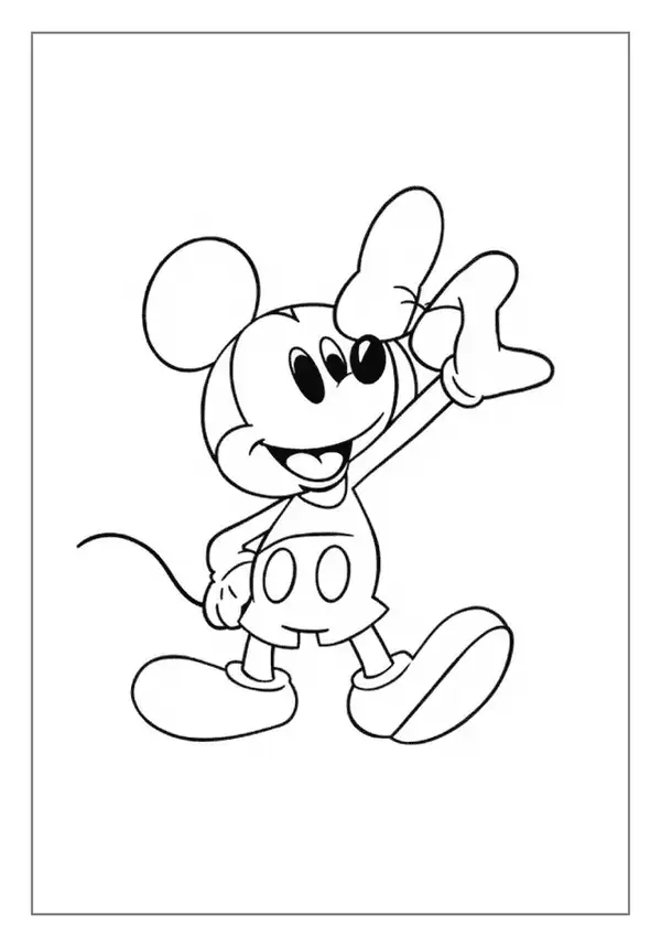 A Mickey Mouse Coloring Page. He Is Smiling And Waving With One Arm Raised High. A Kids' Page.