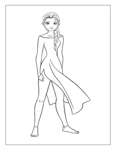 A Magical Elsa Coloring Page Of The Queen Standing Barefoot In Her Light And Flowing, Magical Dress.