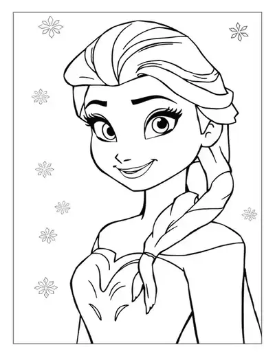 A Detailed Elsa Coloring Page With A Close-up Of Queen Elsa's Face, Smiling Among Floating Snowflakes.