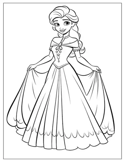 A Graceful Elsa Coloring Page With Queen Elsa Showing Off Her Long, Beautiful, And Flowing Ice Gown.