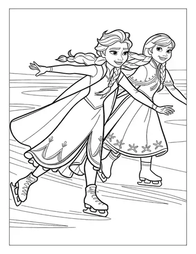 An Action-packed Elsa Coloring Page With Elsa And Anna Ice Skating Joyfully Together On A Frozen Lake.