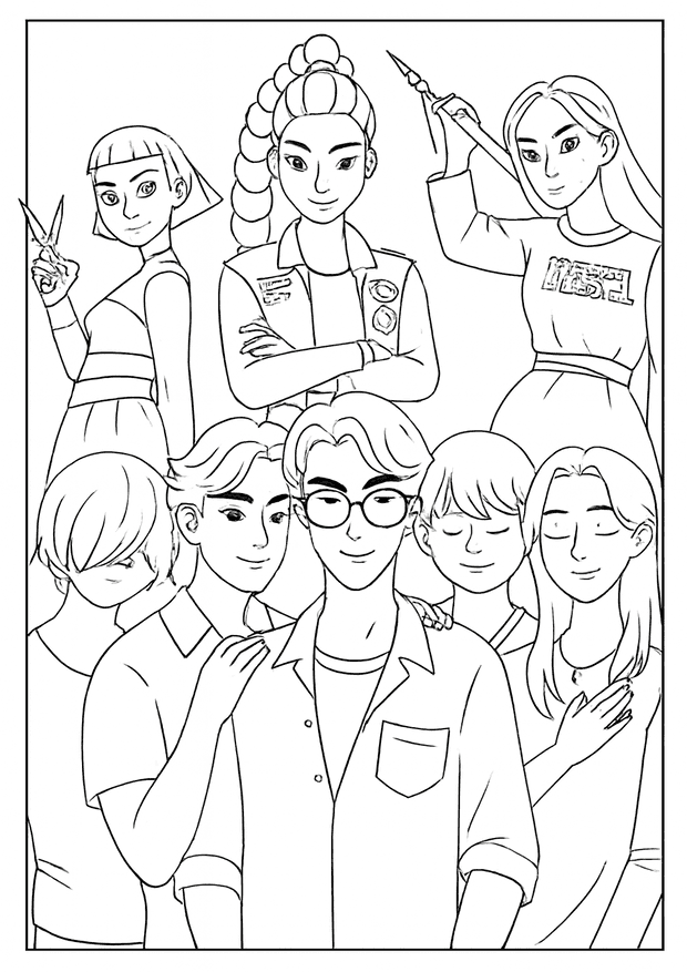 Detailed Kpop Demon Hunter coloring page featuring a large group of diverse team members.