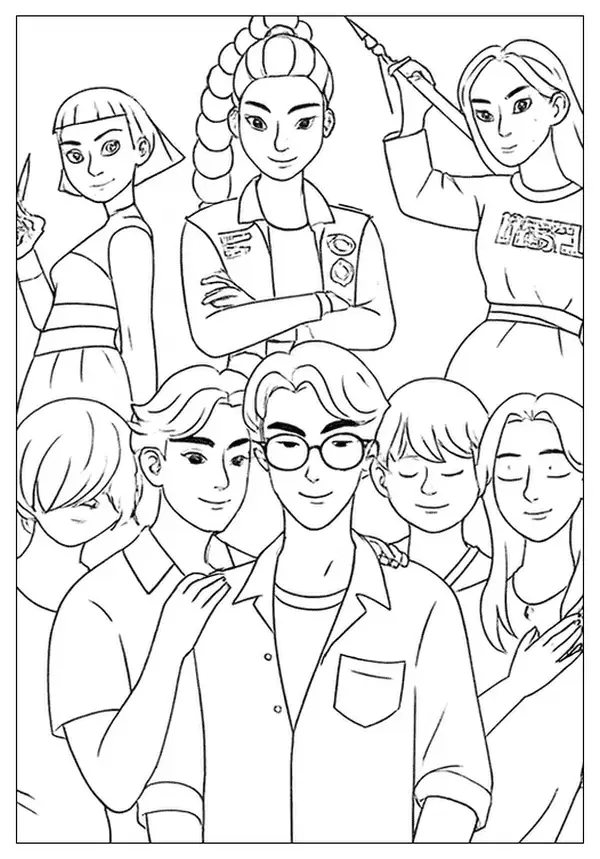 Detailed Kpop Demon Hunter coloring page featuring a large group of diverse team members.