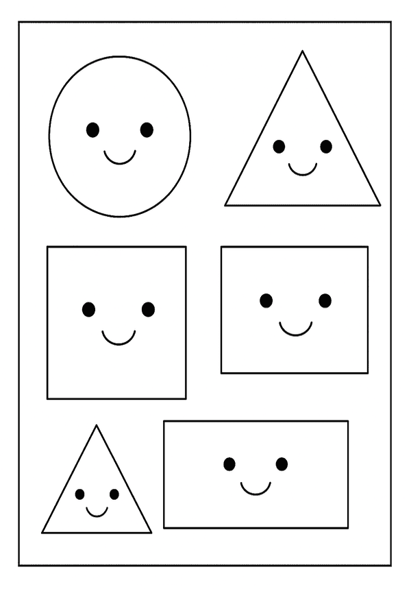 Fun With Simple Shapes Cute Design Happy geometric shapes including circles, triangles, and rectangles, a simple coloring page.