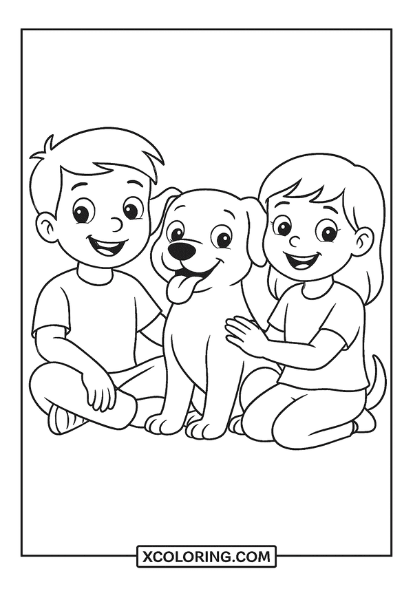 Gentle Dog Near Kids coloring page