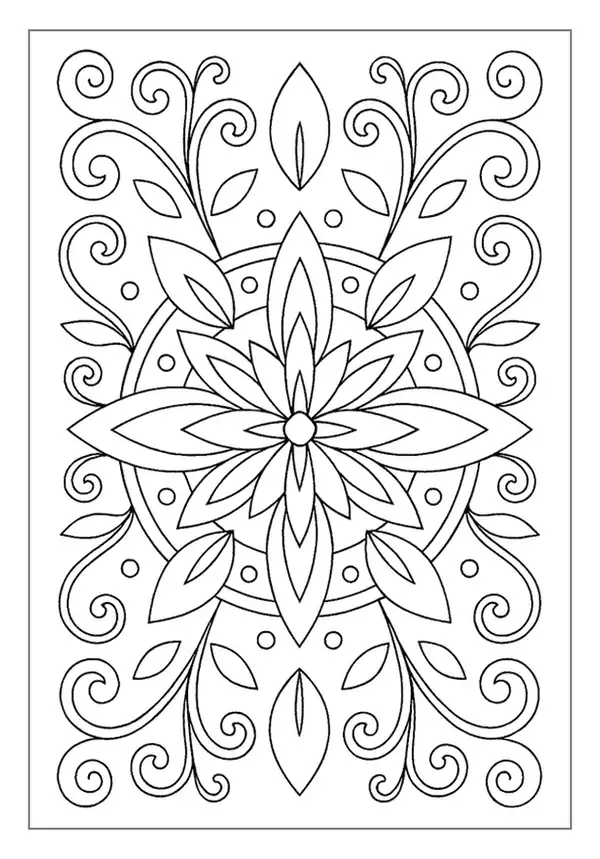 Geometric diamond pattern coloring page with striped leaf shapes.