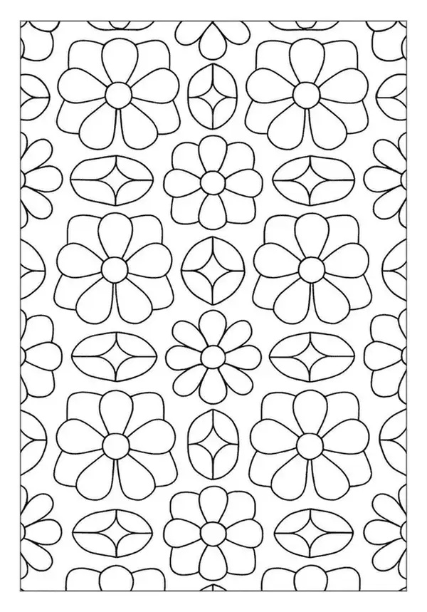 Geometric flower tile pattern coloring page with simple shapes.
