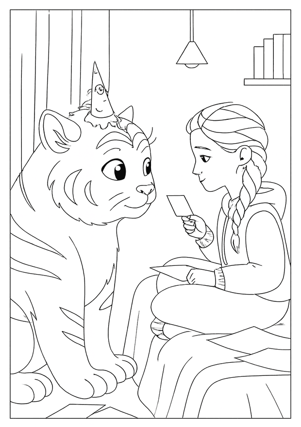 Sweet Kpop Demon Hunter coloring page showing a girl sitting with a friendly large tiger.