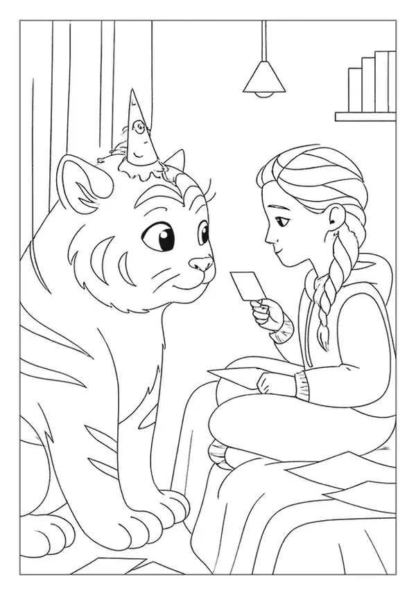 Sweet Kpop Demon Hunter coloring page showing a girl sitting with a friendly large tiger.