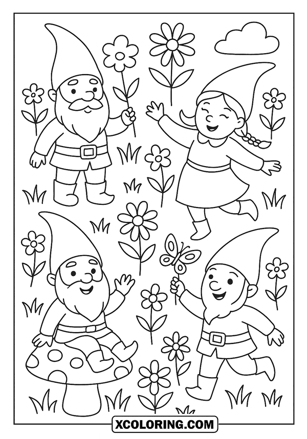 Gnomes Playing in Spring coloring page