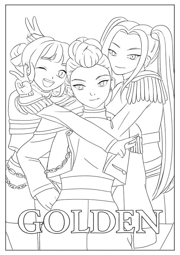 Three girls hugging with the text "GOLDEN" in this cheerful Kpop Demon Hunter coloring sheet.