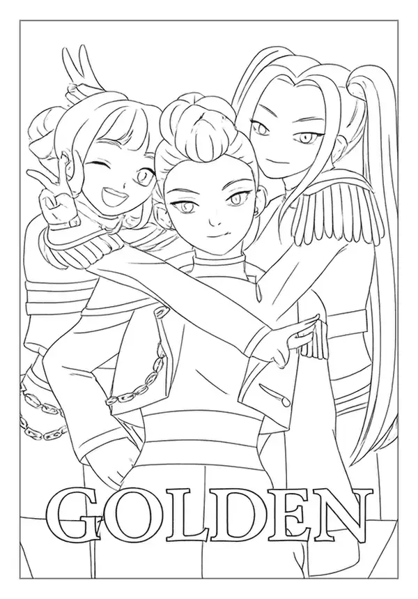 Three girls hugging with the text "GOLDEN" in this cheerful Kpop Demon Hunter coloring sheet.