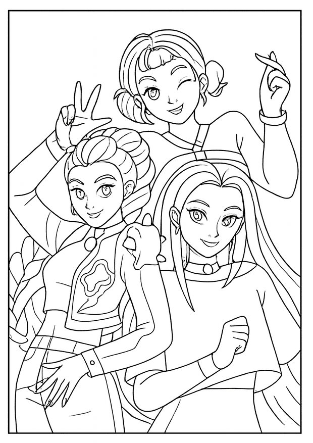 Three girls taking a fun selfie with peace signs in a Kpop Demon Hunter coloring page.
