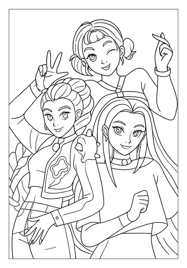 Three girls taking a fun selfie with peace signs in a Kpop Demon Hunter coloring page.