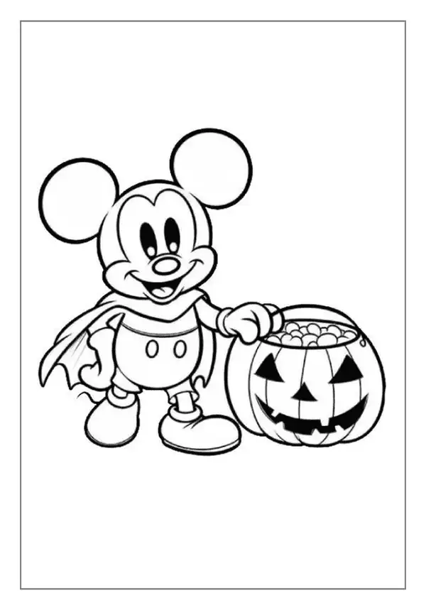 A Mickey Mouse Halloween Coloring Page. He Is In A Cape, Holding A Jack-o-lantern Full Of Candy.