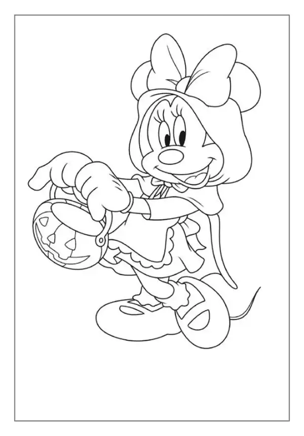 A Minnie Mouse Coloring Page. She Is Wearing A Hooded Cape And Holding A Jack-o-lantern Basket.