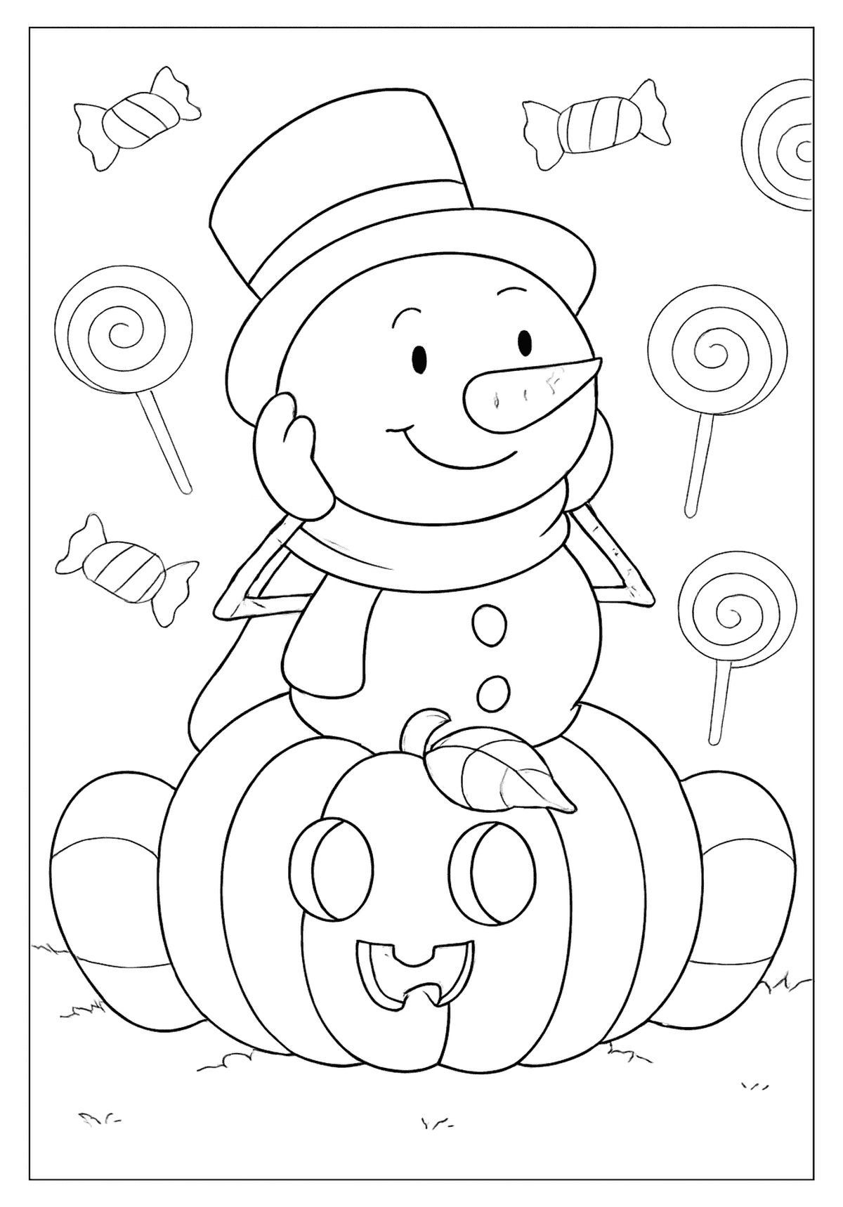 Friendly snowman wearing a top hat sitting on a carved jack-o'-lantern, surrounded by candy.