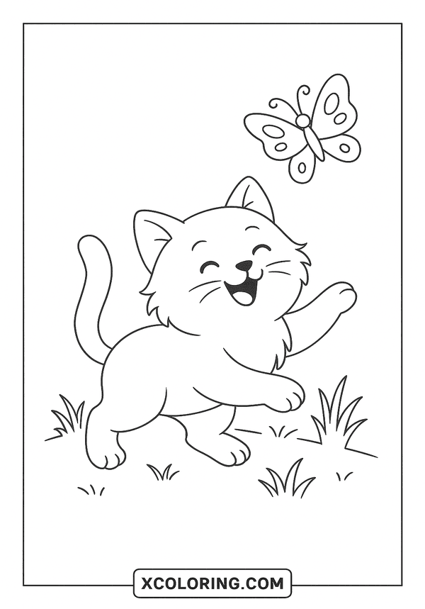 Happy Cat Chasing Butterfly coloring sheet