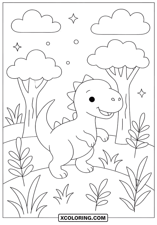 Happy Dinosaur In A Forest coloring sheet