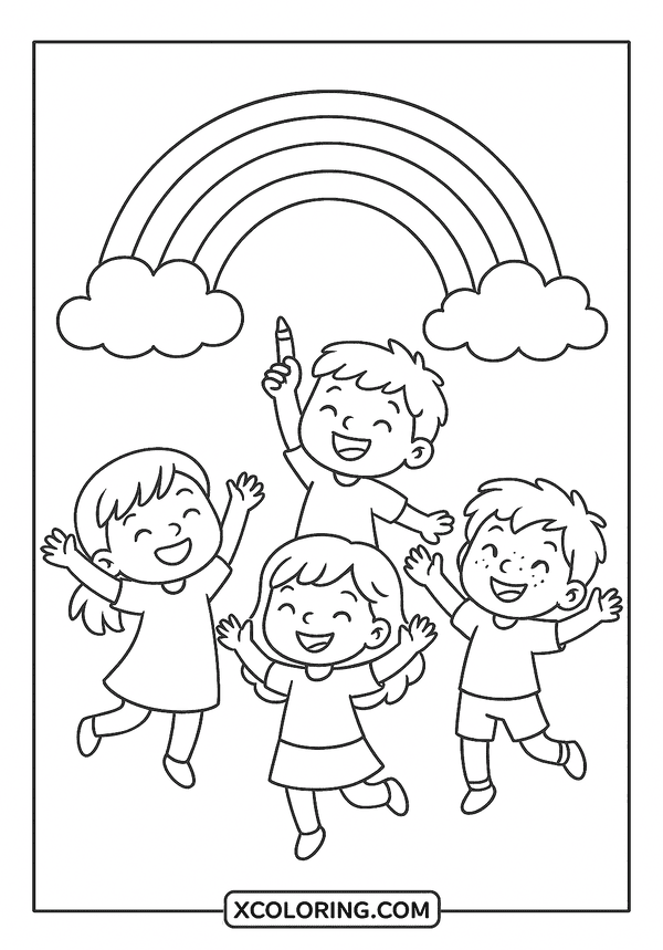Happy Kids Drawing Rainbow coloring sheet