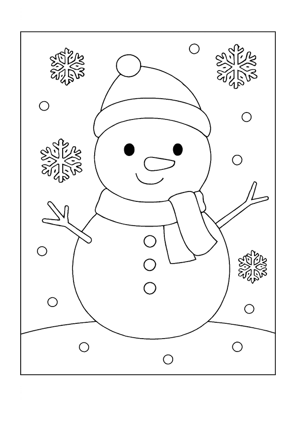 This printable coloring page features a happy snowman wearing a cozy scarf.
