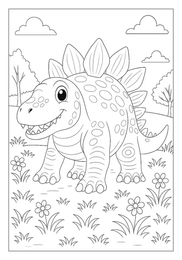 Cheerful Stegosaurus In A Flowery Meadow, A Delightful Dinosaur Coloring Page For Young Artists.