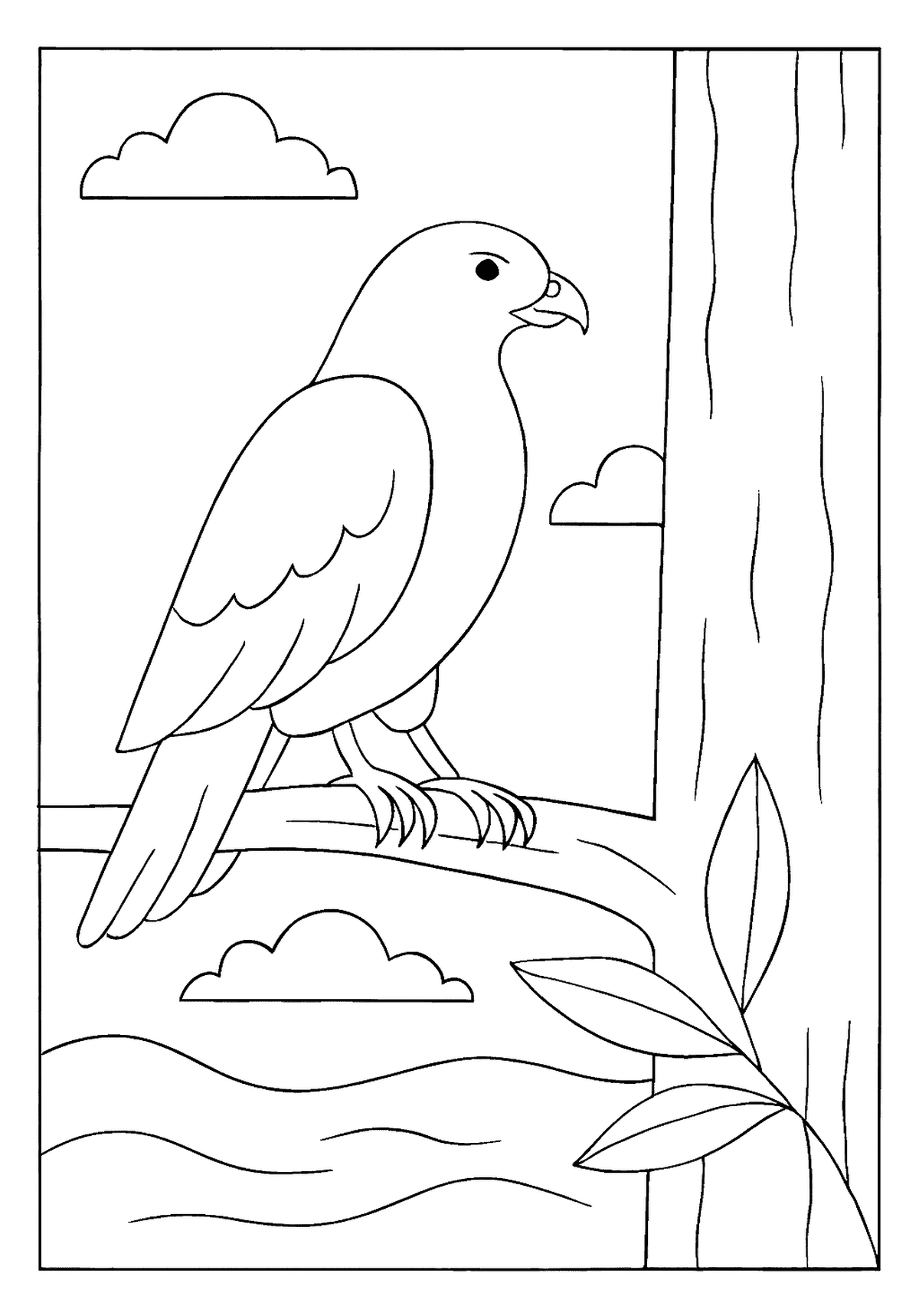 Hawk Watching From Tree Printable Resource Fierce hawk bird coloring page perched and watching intently from a thick tree branch.
