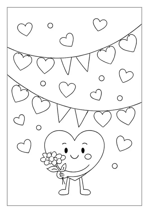 Festive Heart Coloring Page featuring a heart character with garlands and floating hearts.