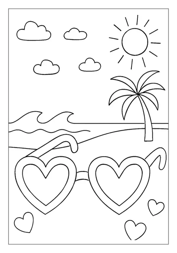 Summer-themed Heart Coloring Page featuring heart sunglasses on a beach.