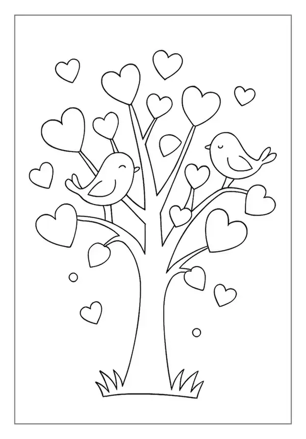 Charming Heart Coloring Page featuring a tree with heart-shaped leaves and two happy birds.