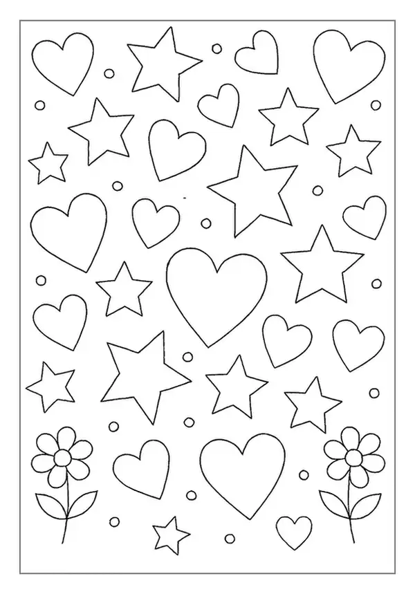 A playful Heart Coloring Page featuring a pattern of varied hearts and stars.