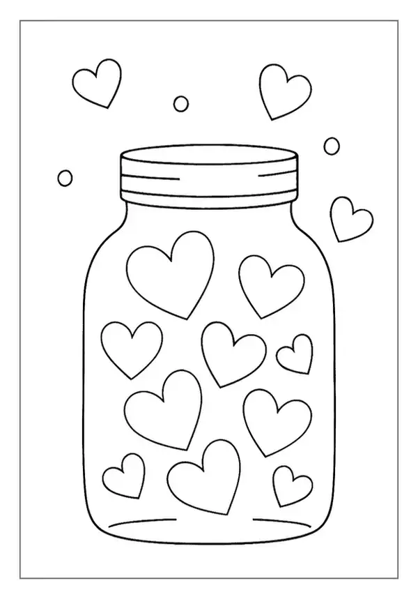 Sweet Hearts in a Jar Heart Coloring Page, with hearts escaping the top.