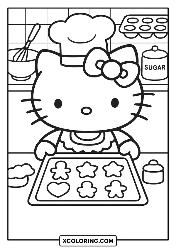 Hello Kitty Bakes Cookies coloring page