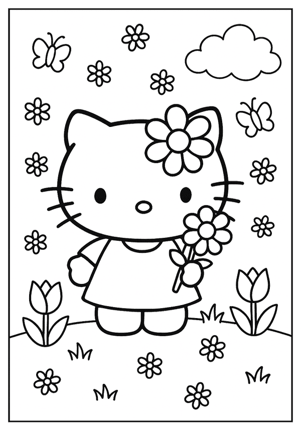 Hello Kitty coloring page in a field of flowers and butterflies.