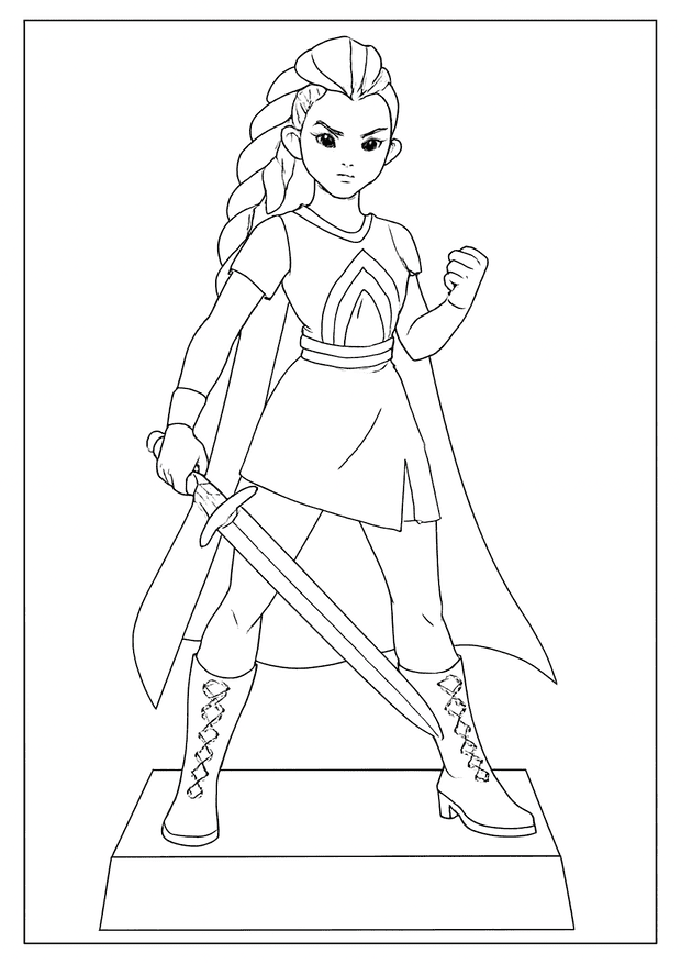 Full body Kpop Demon Hunter coloring page of a girl standing heroically with a sword.