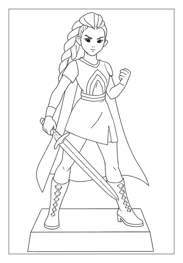 Full body Kpop Demon Hunter coloring page of a girl standing heroically with a sword.