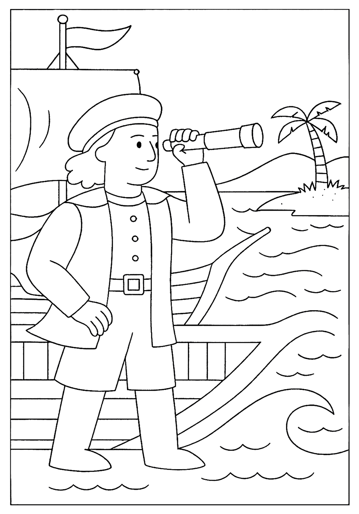 Smiling explorer on a ship using a spyglass to see a palm tree on a distant island shore.