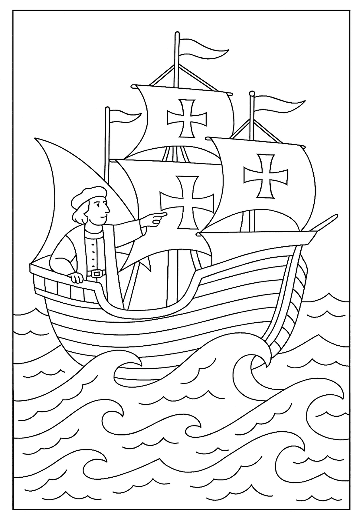 Columbus on a large sailing ship with crosses, pointing over the wavy ocean, a history page.