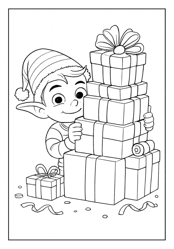 A smiling Christmas elf in a striped hat peeking around a huge stack of wrapped presents.