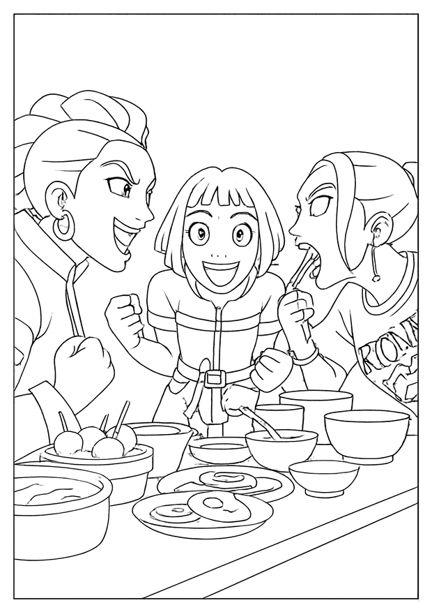 Fun Kpop Demon Hunter coloring scene of the team excitedly eating bowls of delicious food.