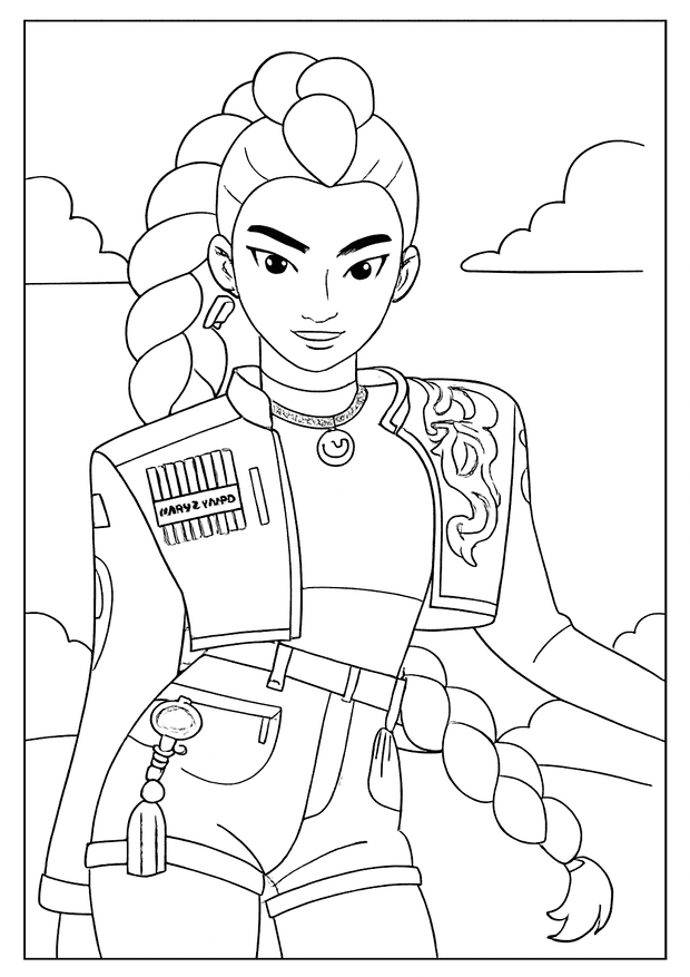 Portrait of a girl with a long braid in a Kpop Demon Hunter coloring sheet wearing a badge.