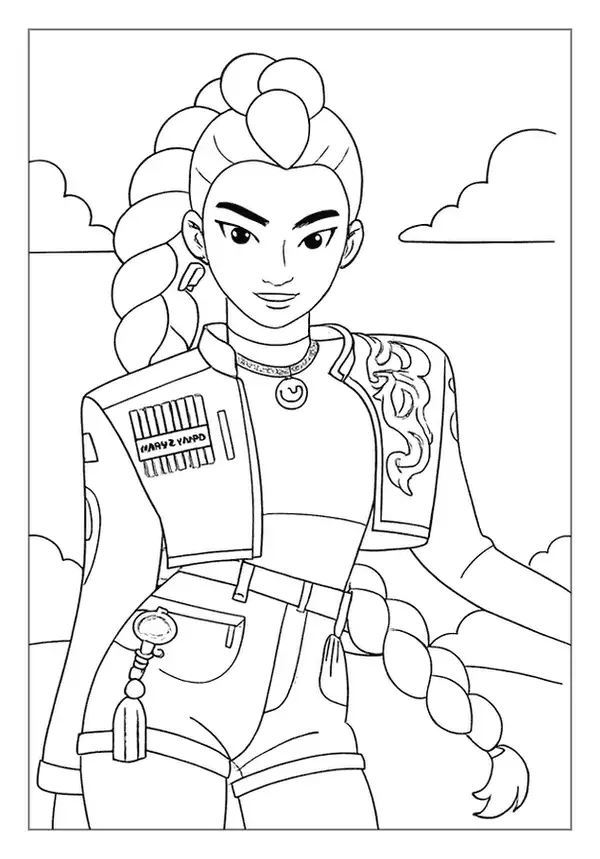 Portrait of a girl with a long braid in a Kpop Demon Hunter coloring sheet wearing a badge.