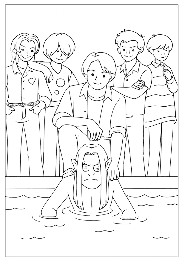 Kpop Demon Hunter coloring scene showing a group capturing a demon emerging from the water.