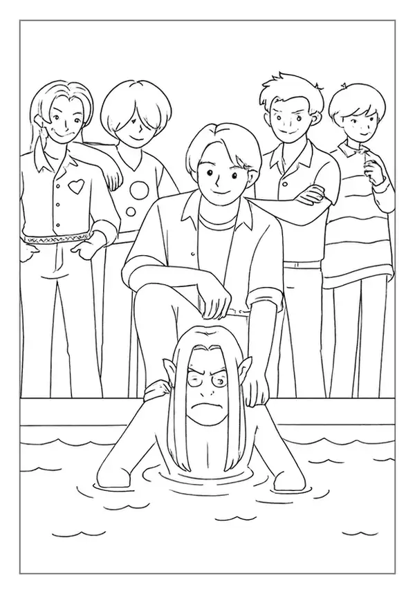 Kpop Demon Hunter coloring scene showing a group capturing a demon emerging from the water.