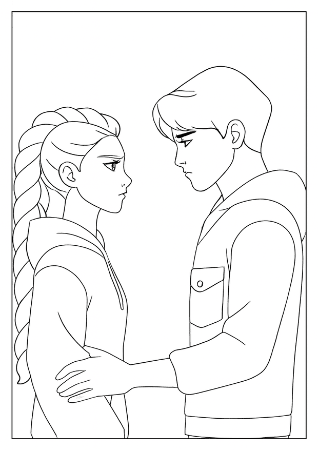 Kpop Demon Hunter coloring page depicting a tense emotional moment between two characters