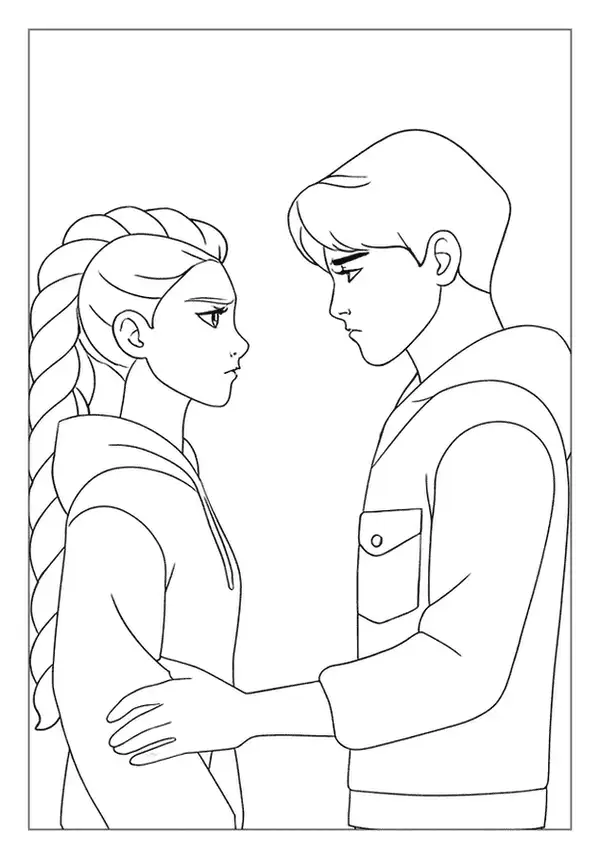 Kpop Demon Hunter coloring page depicting a tense emotional moment between two characters